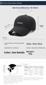Size chart showing baseball cap dimensions with mesh breathable quick-dry fabric details