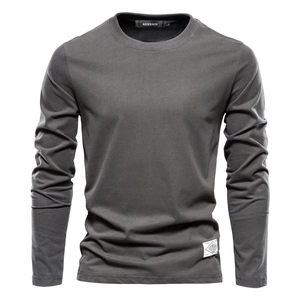 Men's dark charcoal cotton long sleeve T-shirt with ribbed crew neck and slim fit design