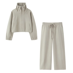 Sweatshirt Femme À Demi Fermeture Éclair Et Pantalon Large À Cordon Couleur Unie Doux Polaire Loungewear Survêtement