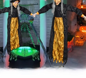 Macro view of glowing eyes of two black witches and a green cauldron Halloween set