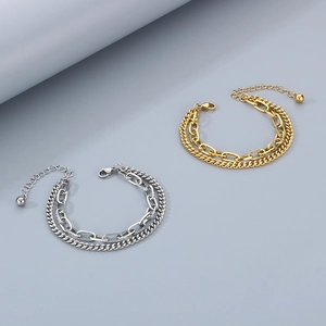 Double-layer stainless steel chain bracelet in gold and silver finish with lobster clasp