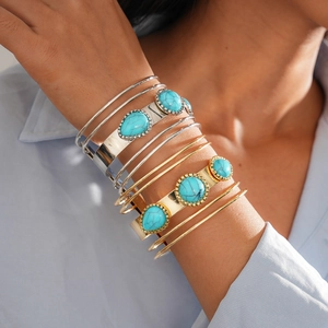 Bohemian Multi-layer Open Bangle Bracelet Alloy With Round Turquoise Acrylic Stones Vintage Ethnic Jewelry For Women