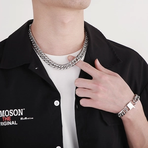 Silver cuban chain necklace and bracelet set for men in polished stainless steel