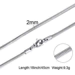 Detail view of 2mm stainless steel snake chain with length 18 inch and lobster clasp