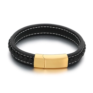 Bracelet pour homme en cuir tressé noir avec fermoir magnétique doré de style punk chic