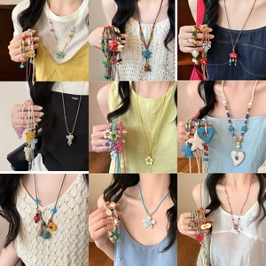 Collier Pendentif En Perles De Céramique Fait Main Style Bohème Ethnique Pour Femmes Fleur Cœur Étoile Pompon Coloré