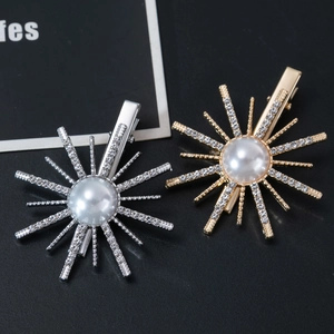 Sparkling rhinestone sunflower hair clips with pearls in silver and gold metal finishes