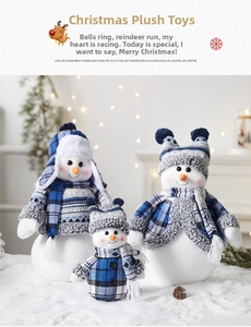 Three assorted sizes of Christmas snowman plush dolls in blue and grey knit outfits