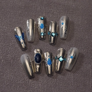 Gothic blue gem butterfly press-on nails set with vintage silver star and moon charms