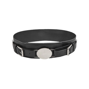 Chic black wide waist belt for women with dual silver metal buckles and round plaque