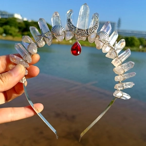 Handgefertigtes Naturkristall Krone Haarreif Mit Mond Seestern Muschel Anhänger Böhmisch Vintage Haarschmuck Für Damen Party