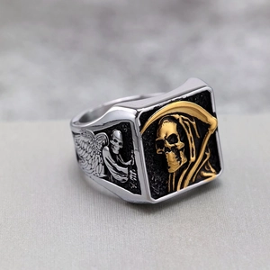 Gothic punk stainless steel signet ring with golden Grim Reaper and angel wing details