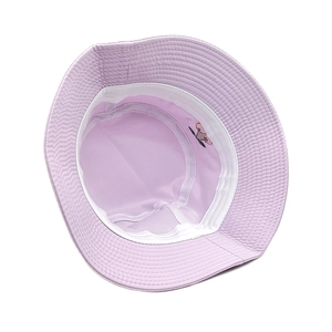Light purple bucket hat with red cherry embroidery inside and a white sweatband
