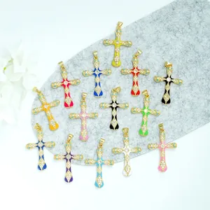 Micro-pave colorful enamel cross pendants with 18K gold plating and sparkling zircon