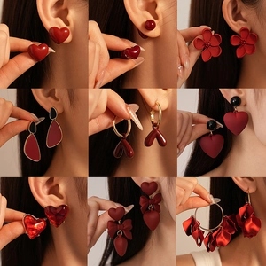 Red Earrings For Women Heart Flower Geometric Alloy With 925 Sterling Silver Earring Post Retro Vintage Minimalist Style