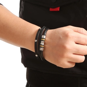 Men's stylish multilayer black leather bracelet with silver and gold metal lucky beads