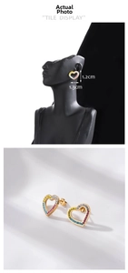 Detail view of heart stud earrings with multi-color zircon inlay and dimensions