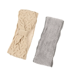 Winter cable knit headband for women with warm fleece lining in beige and light grey