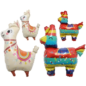 Set of four llama pinata foil balloons in cream and rainbow colors for theme party decoration