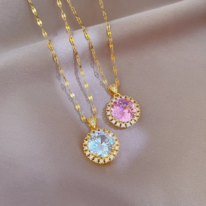 Titanium steel necklace with pink and clear round zircon pendants on soft fabric