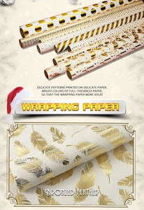 Macro detail of gold foil feather pattern on premium white gift wrapping paper
