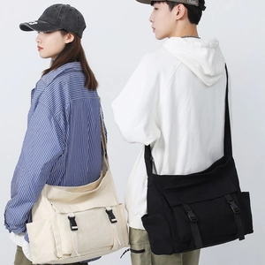 Sac bandoulière vintage en toile pour étudiants, grand sac à épaule en beige et noir