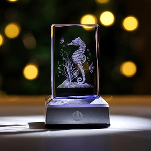 Macro view of 3D laser engraved seahorse crystal cube with LED light base and bokeh effect