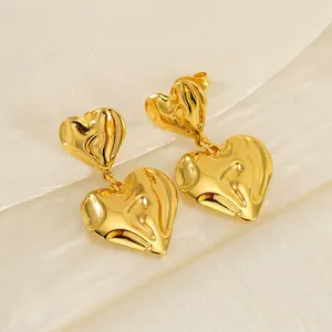 Layered Heart Dangle Earrings 18K Gold Plated Stainless Steel Molten Texture Irregular Vintage Elegant Fashion Jewelry For Women