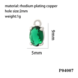 Detail of green oval zircon pendant in rhodium plated copper with 9mmx5mm dimensions