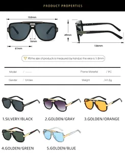 Detailed size chart and dimensions guide for vintage square frame aviator sunglasses