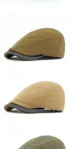 Detailed views of wool newsboy caps with black leather brims in yellow, khaki, and green