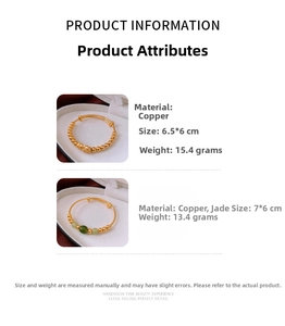 Detail view of 18k gold plated Pi Xiu bracelet and green jade beads in a gift box