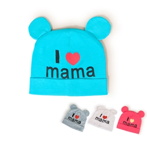 Baby Knitted Beanie Hat Soft Cotton Warm Winter Cap With Cute Ears I Love Mama Print For Infants Boys Girls