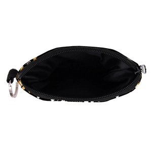 Top view of mandala coin purse interior with black fabric lining and metal keyring