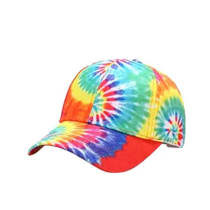 Colorful tie-dye baseball cap with vibrant multi-color patterns and curved brim style
