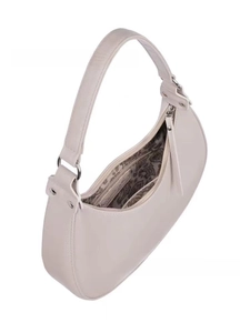 Macro view of beige lychee leather half-moon bag with elegant paisley pattern lining