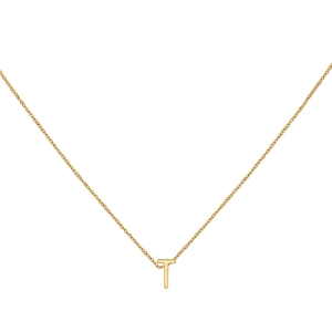 Detail shot of the gold uppercase T letter pendant on a fine O-link chain necklace