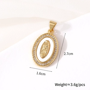 Detail view of oval Virgin Mary pendant with gold plating and cubic zirconia border