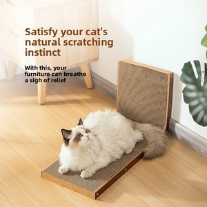 L-shaped cat scratcher board with wood grain frame and high-density corrugated paper