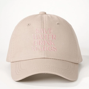 Beige cotton canvas baseball cap with pink SAVE WATER DRINK MARGS embroidery