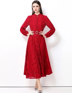 Robe Maxi Élégante En Dentelle Col Montant Manches Lanternes Boutonnage Simple Style Rétro Robe Longue Avec Ceinture