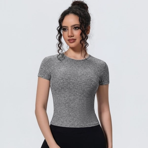Close-up of heather grey yoga t-shirt showing breathable fabric and slim fit design
