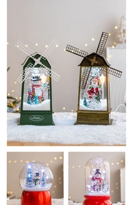 Detail showing vintage Christmas snow globe lantern with Santa Claus and festive warm lighting