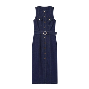 Sleeveless Denim Maxi Dress For Women Dark Blue Gold Button Front Slim Fit Casual Elegant Vest Style With Belt
