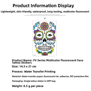 Detail showing Day of the Dead neon fluorescent face tattoo stickers with product specs