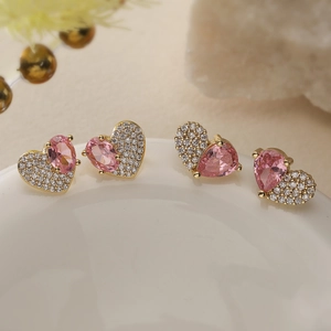 Luxus Herzförmige Kupfer Zirkonia Ohrstecker 18K Vergoldet Rosa Edelstein Eingelegt Nische Mode Schmuck Für Damen Dating Geschenk