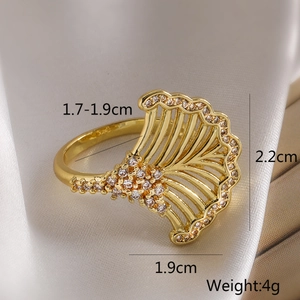 Detailed macro view showing the 2.2cm fan-shaped 18K gold plated zircon ring surface