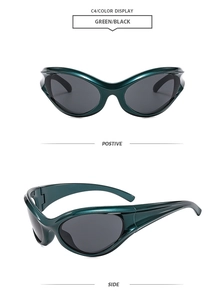 Detail view of Y2K futuristic green and black wraparound sports sunglasses C4