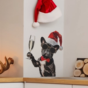Christmas french bulldog wall sticker with Santa hat and champagne for home holiday decor