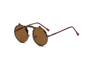 Detail view of retro steampunk flip-up sunglasses with round bronze metal frames